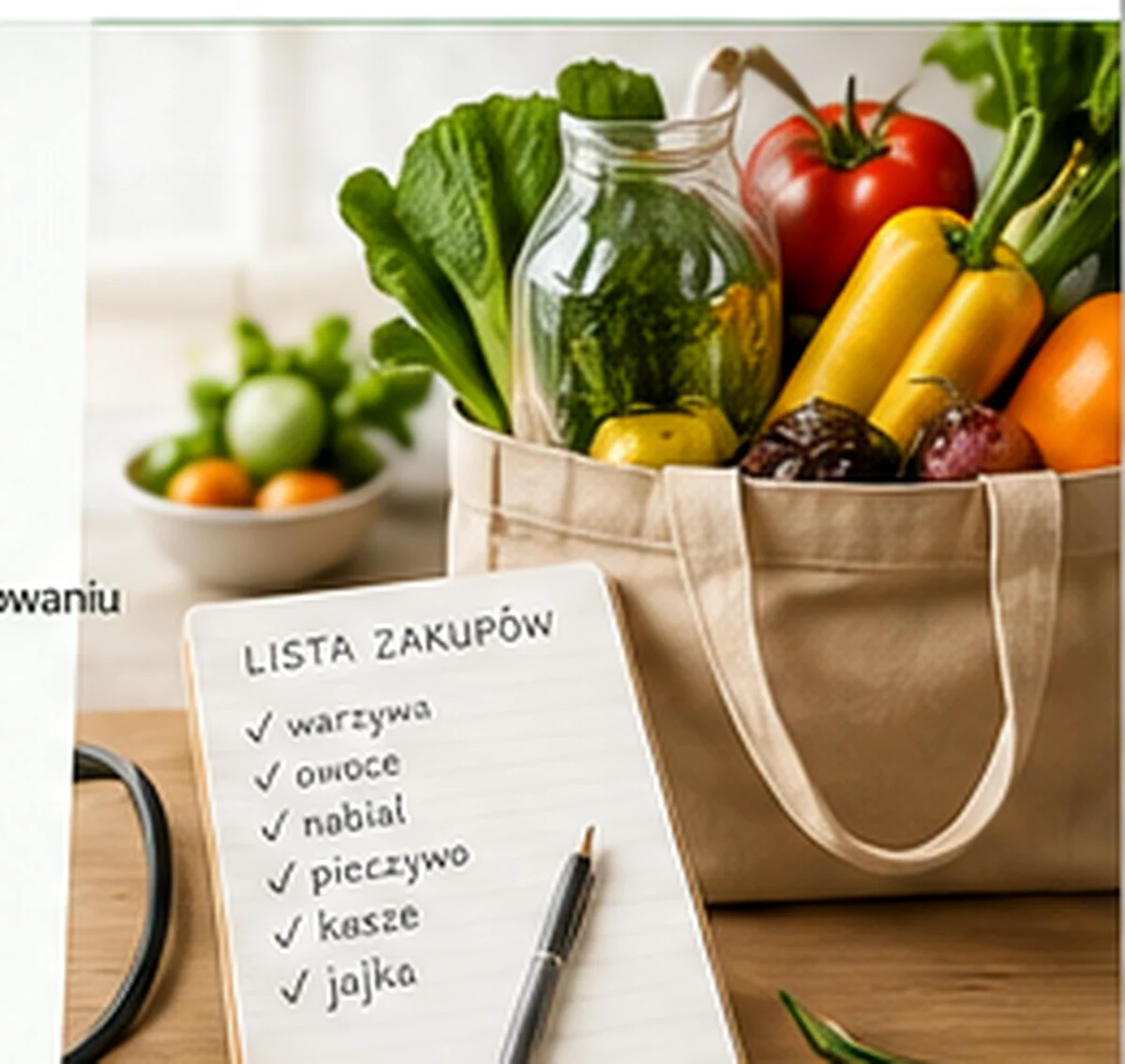 Torba pełna warzyw i lista zaplanowanych zakupów